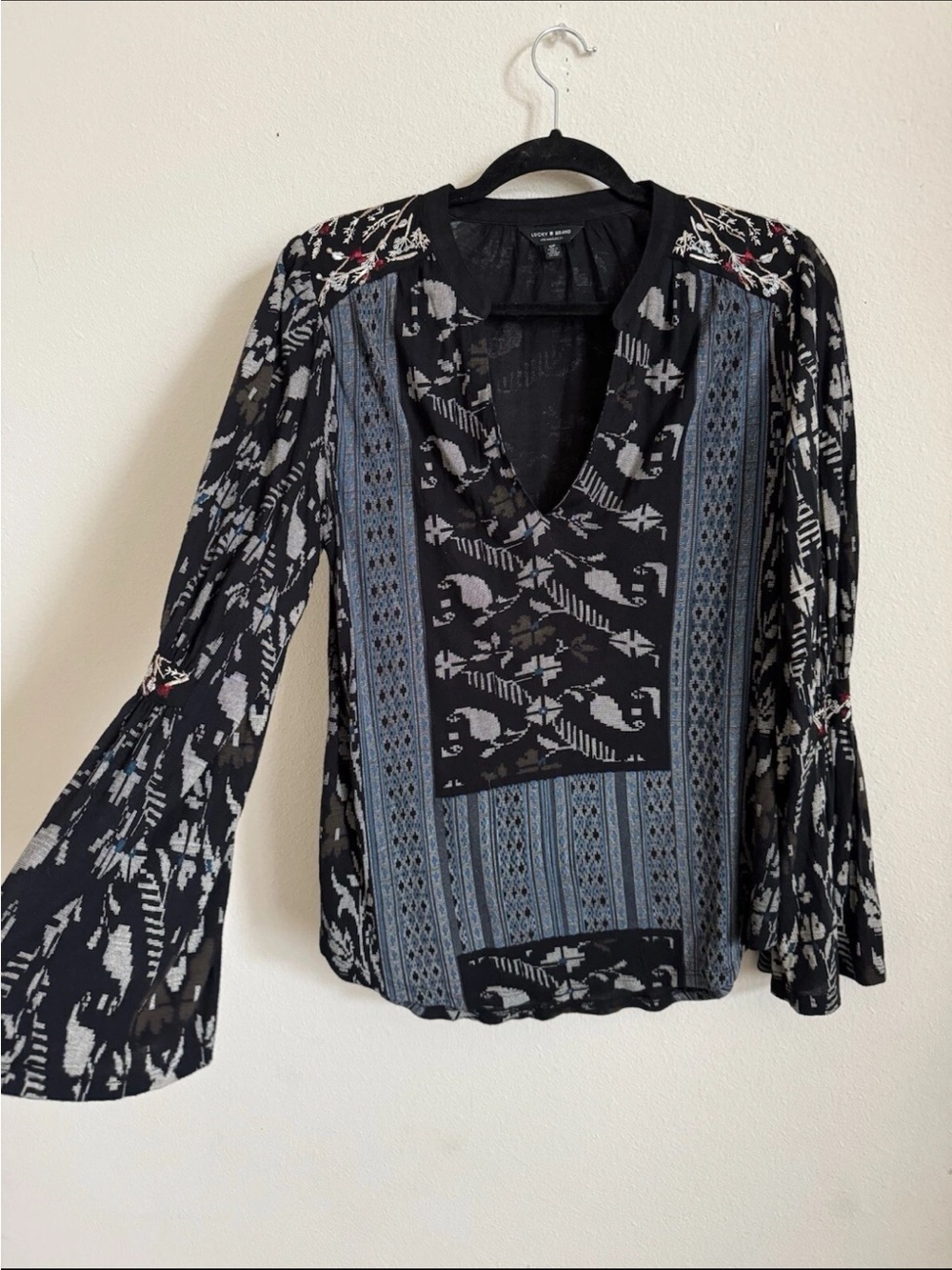 Lucky Brand Boho Embroidered Western Belle Sleeve Blouse Top Sz S